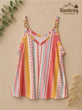 Women's Striped Cold-Shoulder Tank - Coral & Mustard